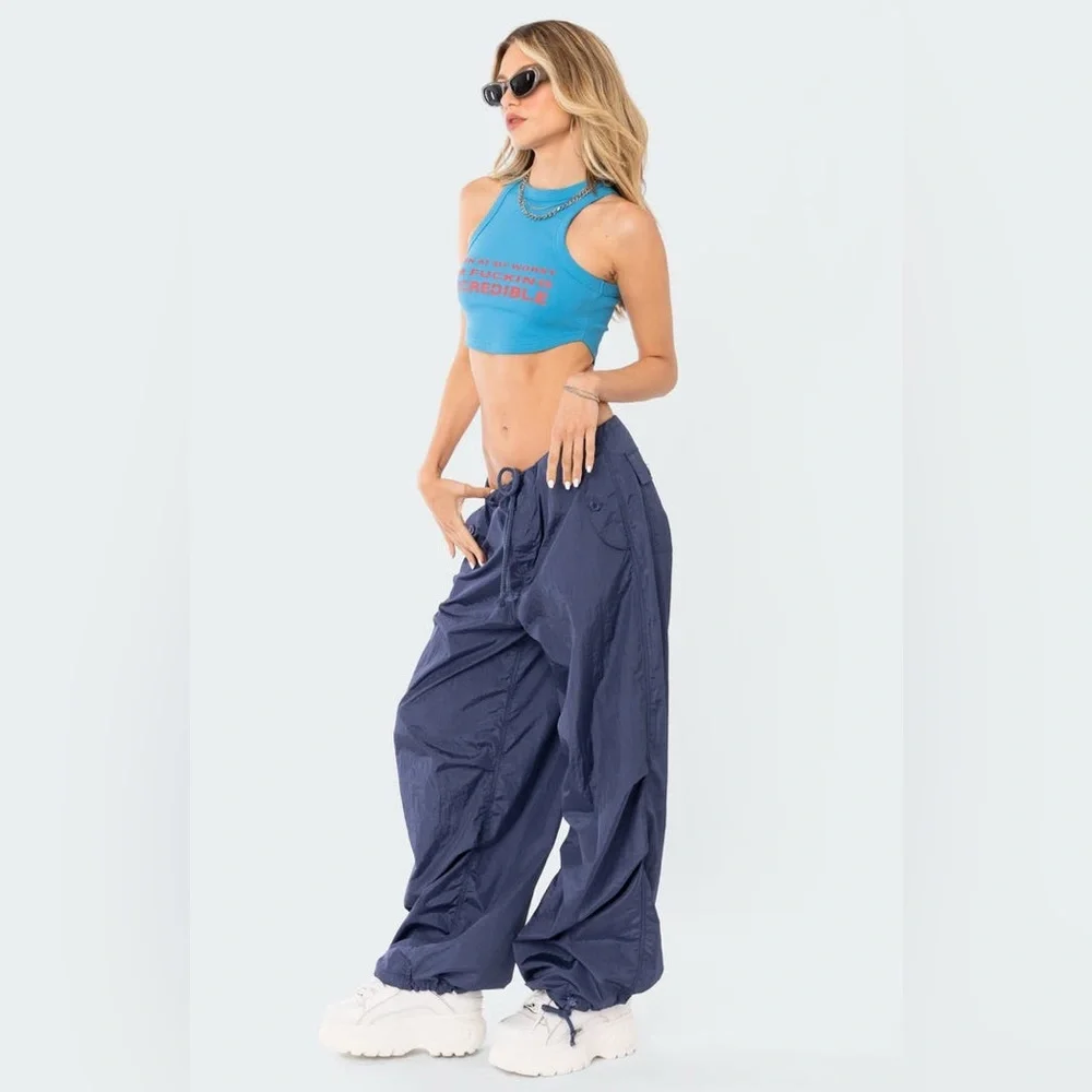 Edikted low rise wide leg rave‎ festival parachute pants in navy size XS/S
